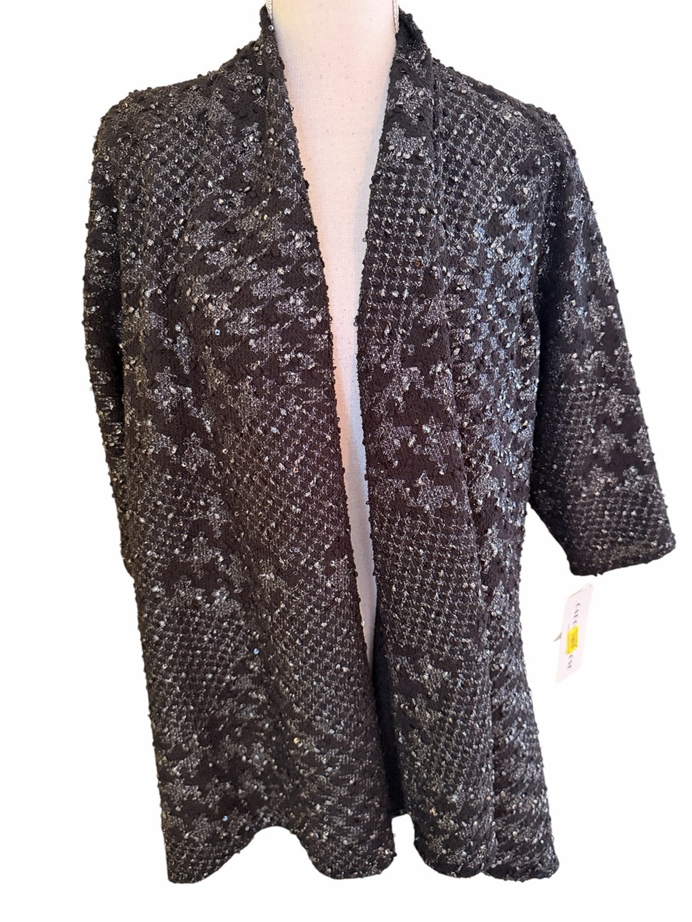 Caroline Rose Black/Grey Houndstooth Weave Sequin Open Front Jacket M